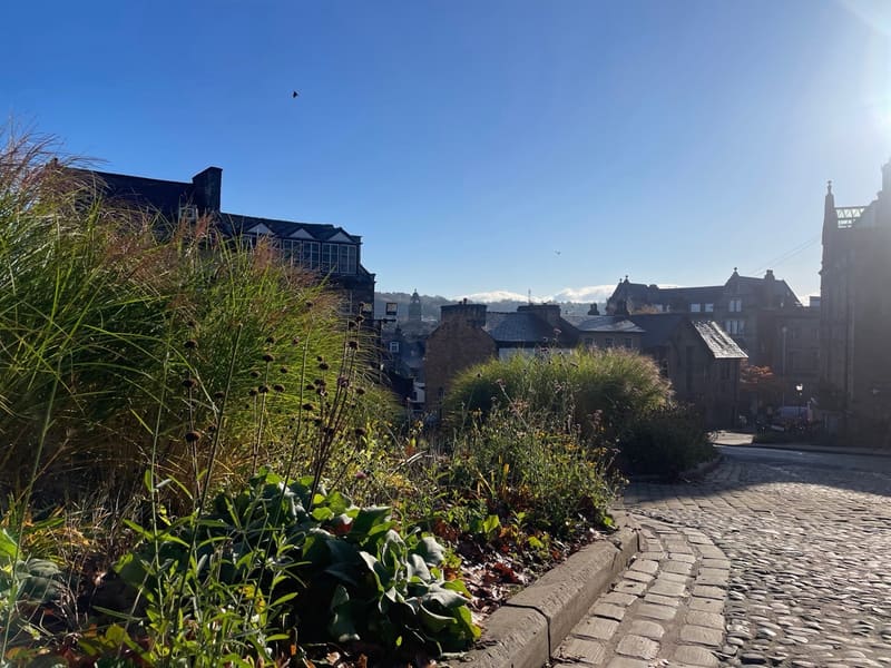 Looking down Castle Hill towards the rooftops of Lancaster